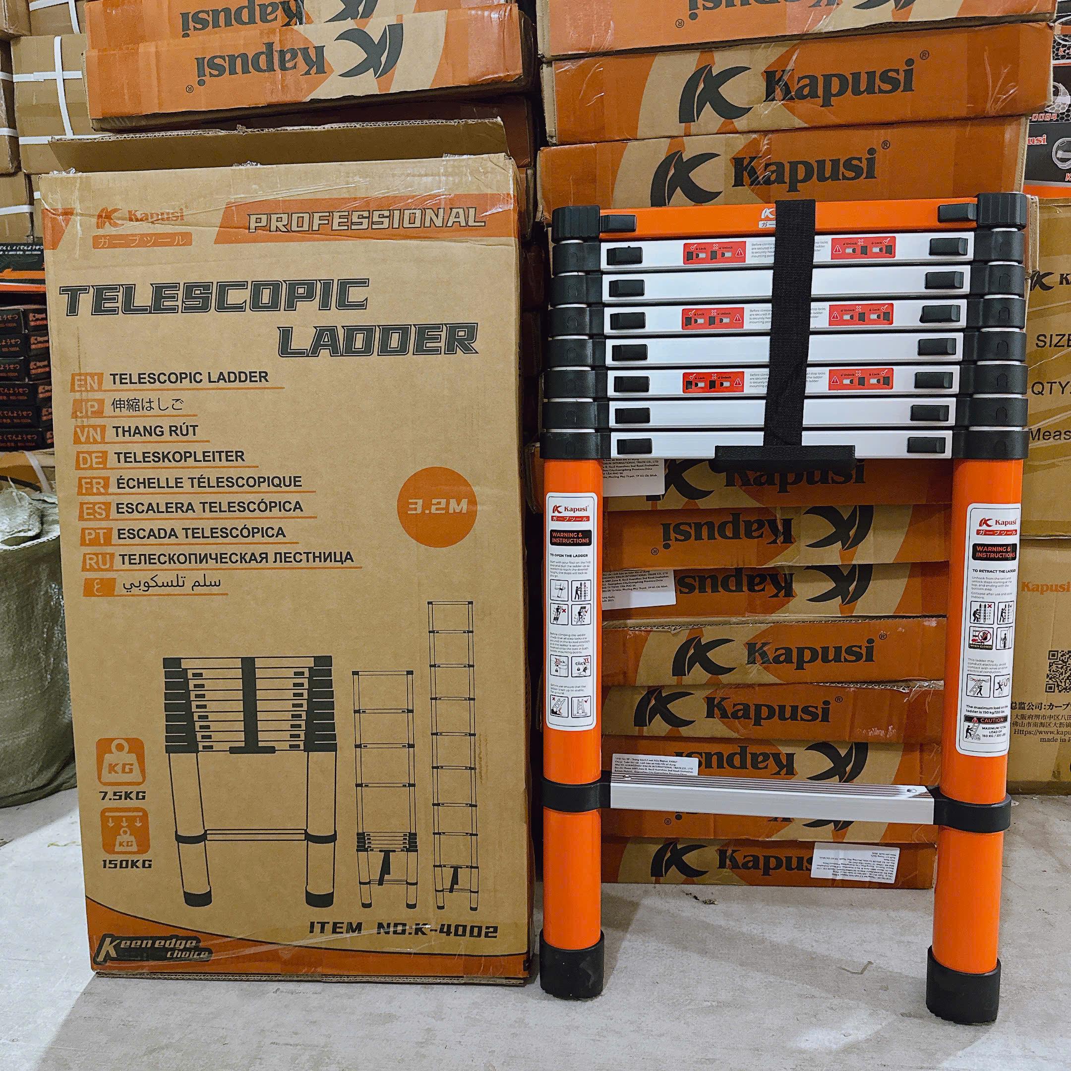 THANG NHÔM RÚT KAPUSI TỪ 2M6 ĐẾN 3M2 NHÔM NGUYÊN KHỐI SIÊU CỨNG CÁP AN TOÀN KHI SỮA CHỮA TRÊN CAO